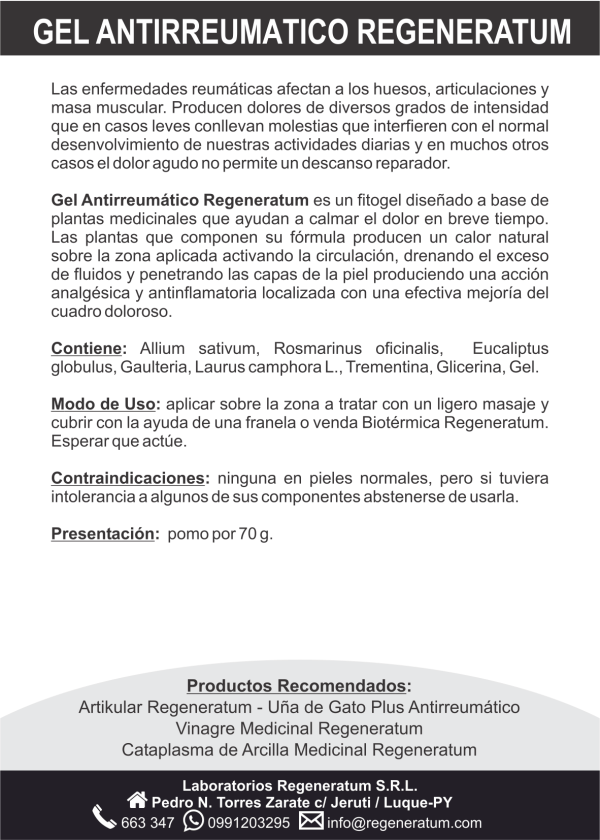 Gel para reumas, artritis y golpes con efecto antirreumático REGENERATUM - Imagen 3